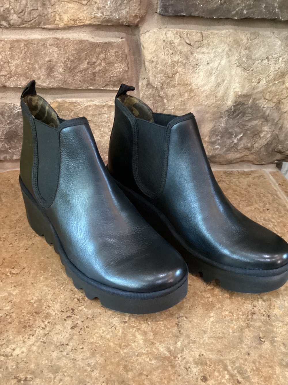 Fly London‎ Booties Womens 38 7.5-8 Black Wedge Leather BYNE349Fly Arkansas New